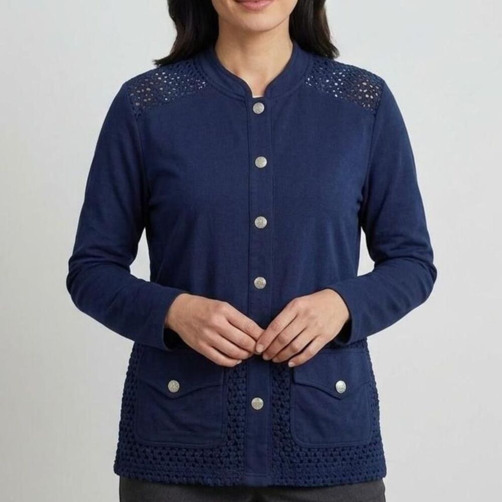 Onque Navy Blue Crochet Lace Accent Button Up Jacket 1X business cozy preppy